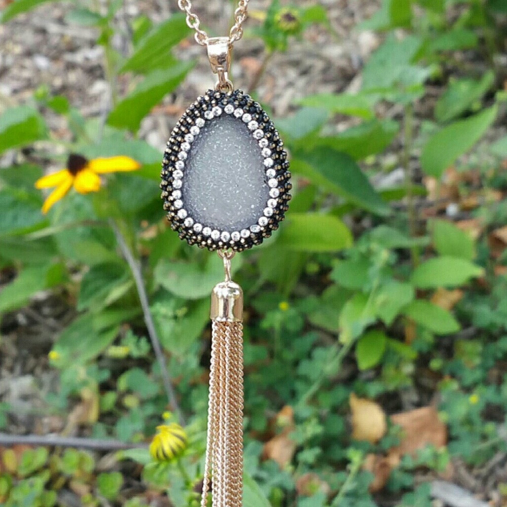 Gray Tear Drop Crystal Pave Tassel Necklace